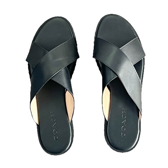 Coach Women’s Hailey Slides Leather Size 8.5 Black Sandals Flats Wide Straps - Picture 3 of 7